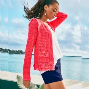 💕 Lilly Pulitzer Size M Simora Fringe Cardigan - Spicy Coral Exotic Tweed 💕
